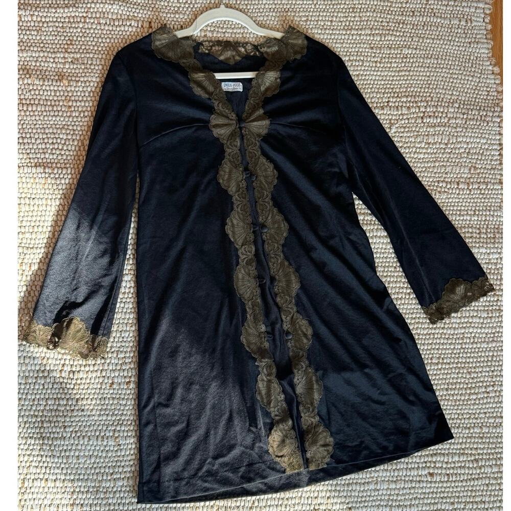 Rare VTG Emilio Pucci Formfit Rogers Black Scalloped Lace Trim Robe Loungewear S